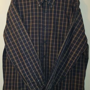 Eddie Bauer Men's Navy and Brown Plaid Shirt